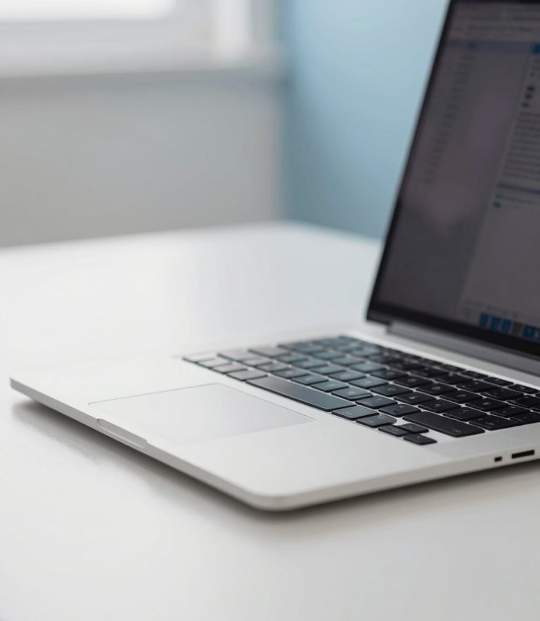 A close-up shot of a modern, silver laptop on a clean white desk in a room filled with Mist White and Soft Sky Blue accents. The lighting is bright and natural, reflecting a professional and efficient workspace.