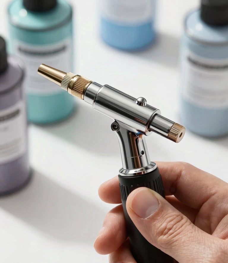 A close-up, high-detail photograph of a professional airbrush nozzle being held by a steady hand in a modern, sunlit North American studio. The background features blurred silhouettes of paint canisters in muted teal and light blue. The lighting is crisp and sleek, emphasizing the precision and craftsmanship of the tool.