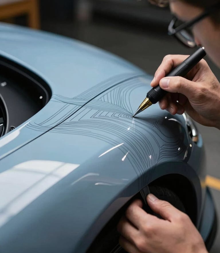 A master artist in a professional workshop setting in the US, applying intricate, thin-lined graphics to a sleek charcoal-colored automotive part. The lighting is focused and dramatic, highlighting the high-gloss finish and the sharp contrast between the light blue paint and the dark background.