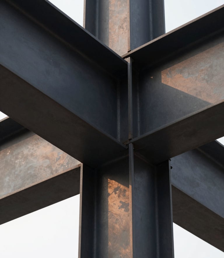 Abstract architectural close-up of a steel beam intersection, minimalist composition, deep anthracite shadows #1A1C1E with faint bronze #B08D57 metallic reflections, clean lines, industrial luxury style.