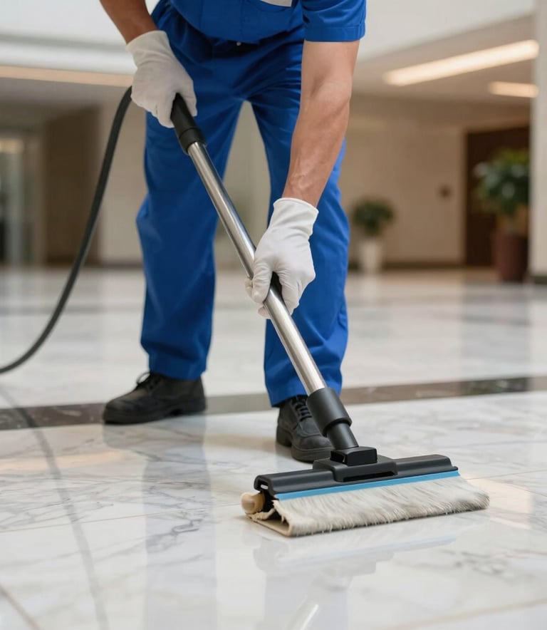 A close-up photograph of a professional cleaning technician in a blue uniform using high-grade equipment to sanitize a marble floor in a modern North American corporate lobby. The lighting is bright and clean, emphasizing a polished and professional environment.