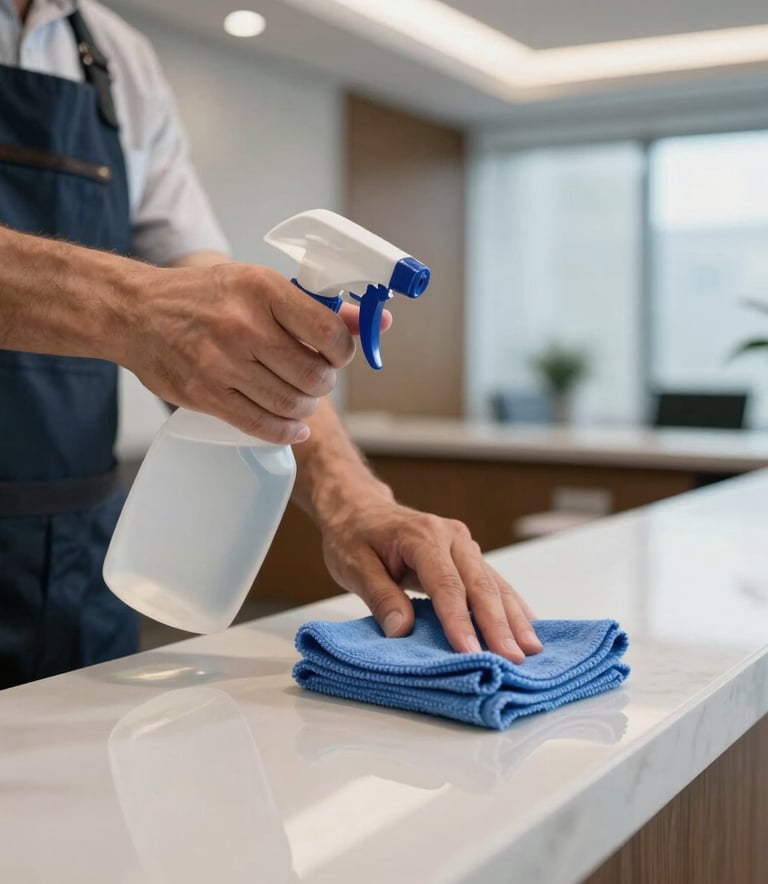 A close-up of a professional janitorial spray bottle and a microfiber cloth being used to clean a high-gloss corporate reception desk in a modern North American / US office building.