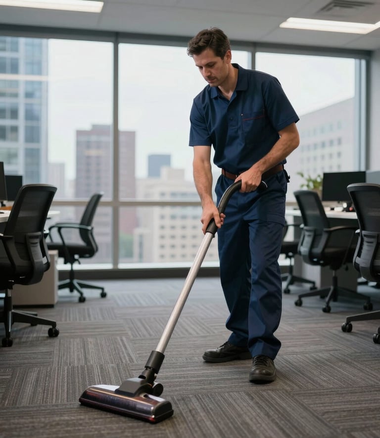 A professional janitor vacuuming a carpeted office floor in a high-rise building with a view of the city, North American / US workspace.