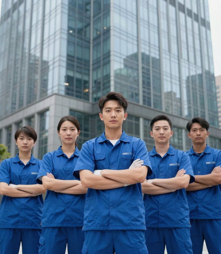 A group of professional cleaning staff in blue uniforms standing proudly and confidently in front of a modern glass skyscraper in Long Island City. The atmosphere is professional, corporate, and reliable.