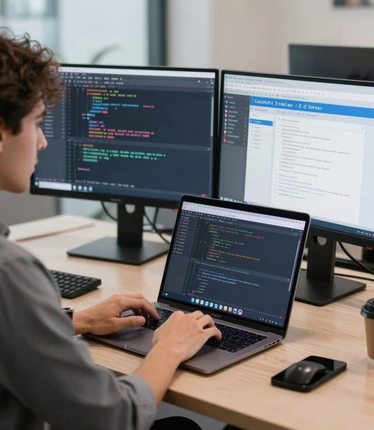 A focused professional in a modern North American co-working space working on a laptop with multiple monitors displaying web development tools and clean code, bright natural lighting, professional and innovative atmosphere with blue and slate grey accents.