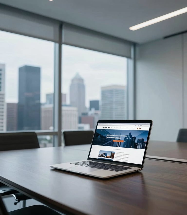 A wide-angle shot of a sleek North American corporate boardroom with a large window overlooking a metropolitan skyline. A thin laptop sits on the table, displaying a professional website layout. The lighting is crisp and modern with blue and white tones.