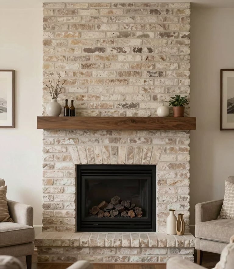 A warm and inviting North American living room featuring a perfectly clean, modern brick fireplace with a dark slate mantel, cozy furniture, and soft off-white wall colors.