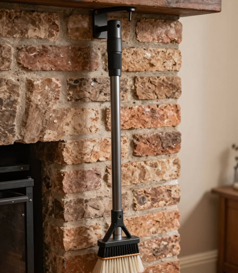 Close-up of a high-quality chimney inspection tool and a professional brush set inside a clean, well-maintained brick fireplace in a North American / US home. The lighting is warm and emphasizes the expertise and clean work process.