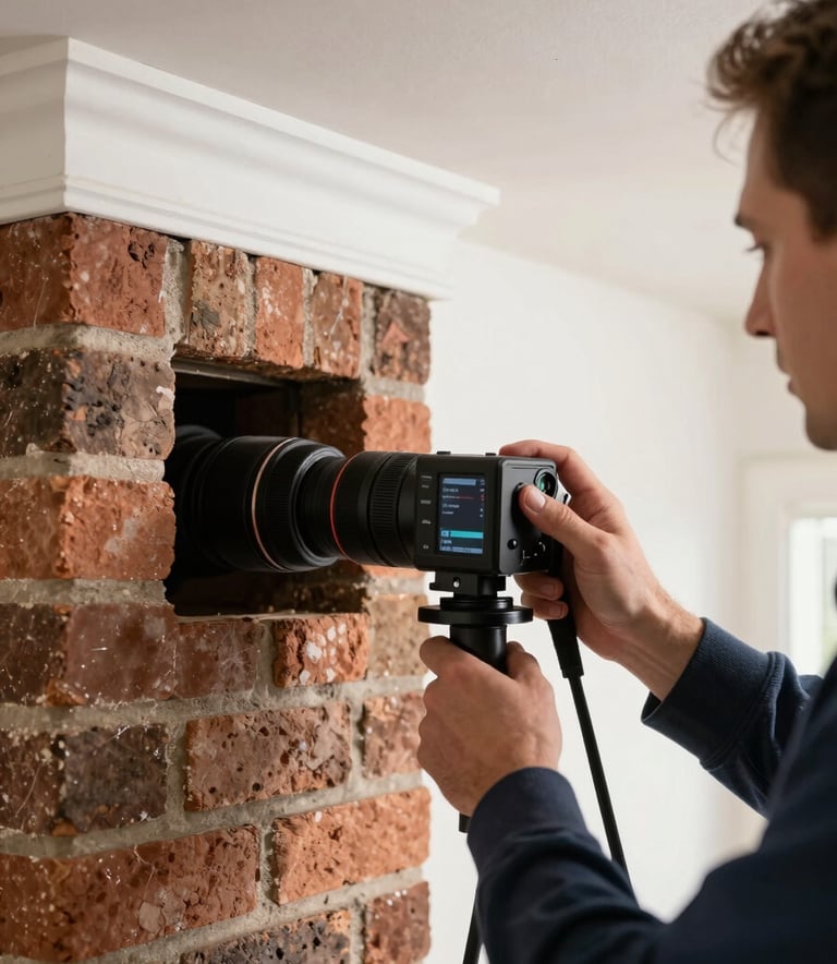 A close-up of a professional technician using a high-definition chimney inspection camera inside a clean brick flue, bright workspace lighting, North American / US home interior.