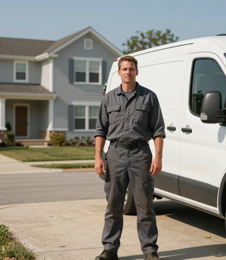 A professional chimney technician wearing a clean dark gray uniform, standing confidently next to a white service van in a sunny North American / US residential driveway. The background features a suburban light gray house under a clear sky. Reliable and warm atmosphere.