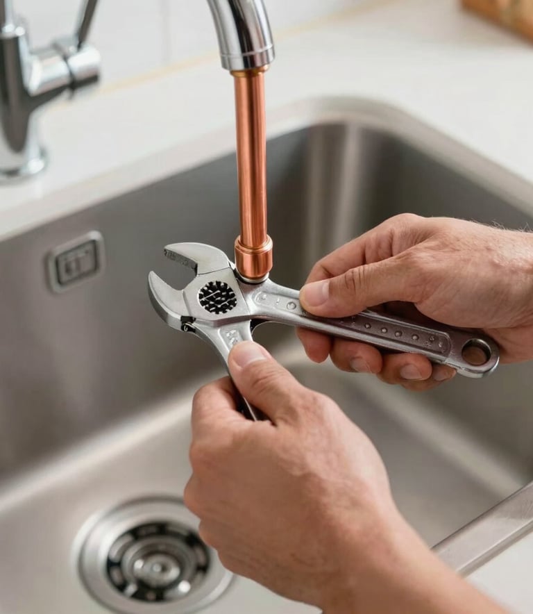 Close-up of a professional plumber's hands using a wrench to tighten a new copper pipe joint under a modern sink, North American / US residential kitchen setting, bright and clean lighting.