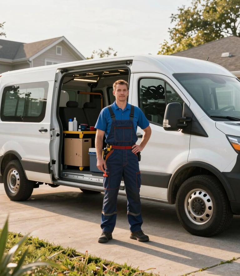 A wide-angle shot of a professional plumber standing confidently next to a well-organized service van in a North American residential driveway. The morning light is warm and bright, emphasizing a trustworthy and prompt service atmosphere.
