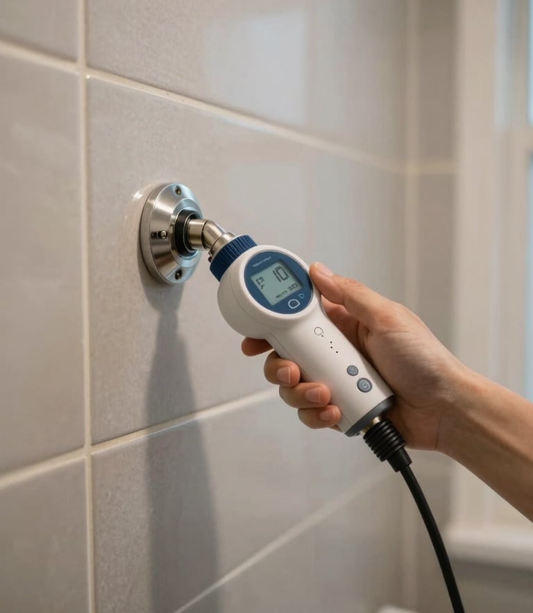 Action shot of a digital leak detection device being used on a tiled wall in a modern North American / US bathroom, displaying professional precision, soft natural lighting.