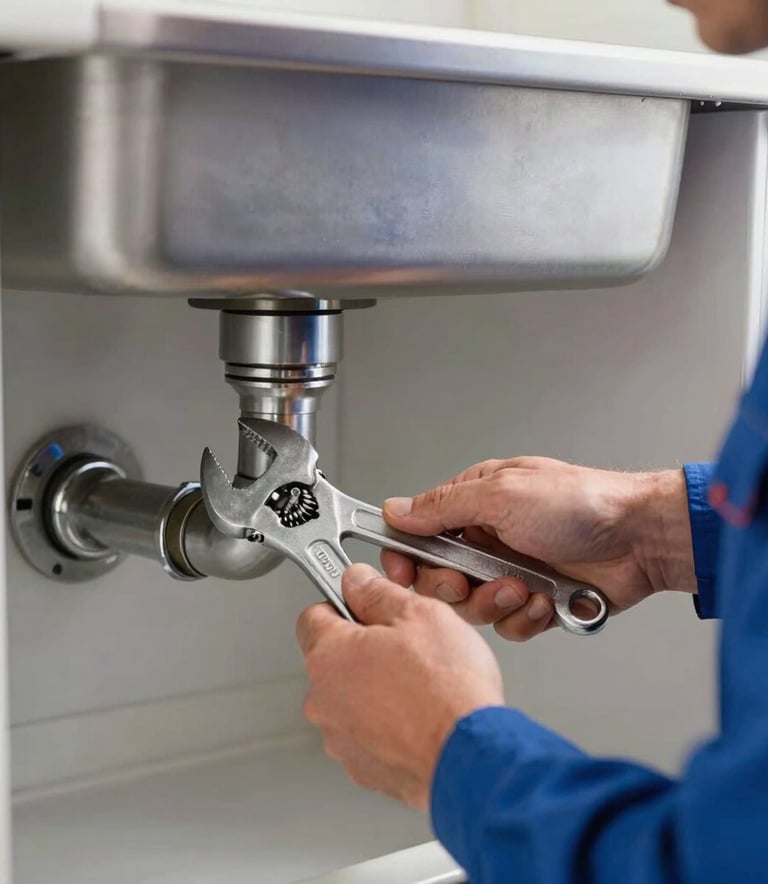 A close-up photograph of a professional plumber's hands using a wrench to repair a silver pipe under a modern kitchen sink in a North American home. The lighting is bright and clean, highlighting the metallic textures of the tools and the blue and white professional attire of the technician.