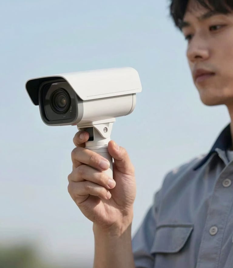A professional technician in a clean uniform holding a sleek white security camera, preparing for installation. The background is a blurred soft sky blue.