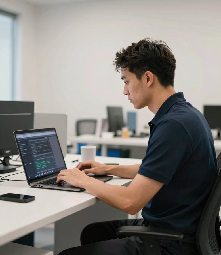 A professional technician wearing a dark navy polo shirt sitting in a modern, clean office. They are focused on a laptop displaying network configurations. The room is brightly lit with a soft off-white aesthetic and steel blue accents in the furniture.