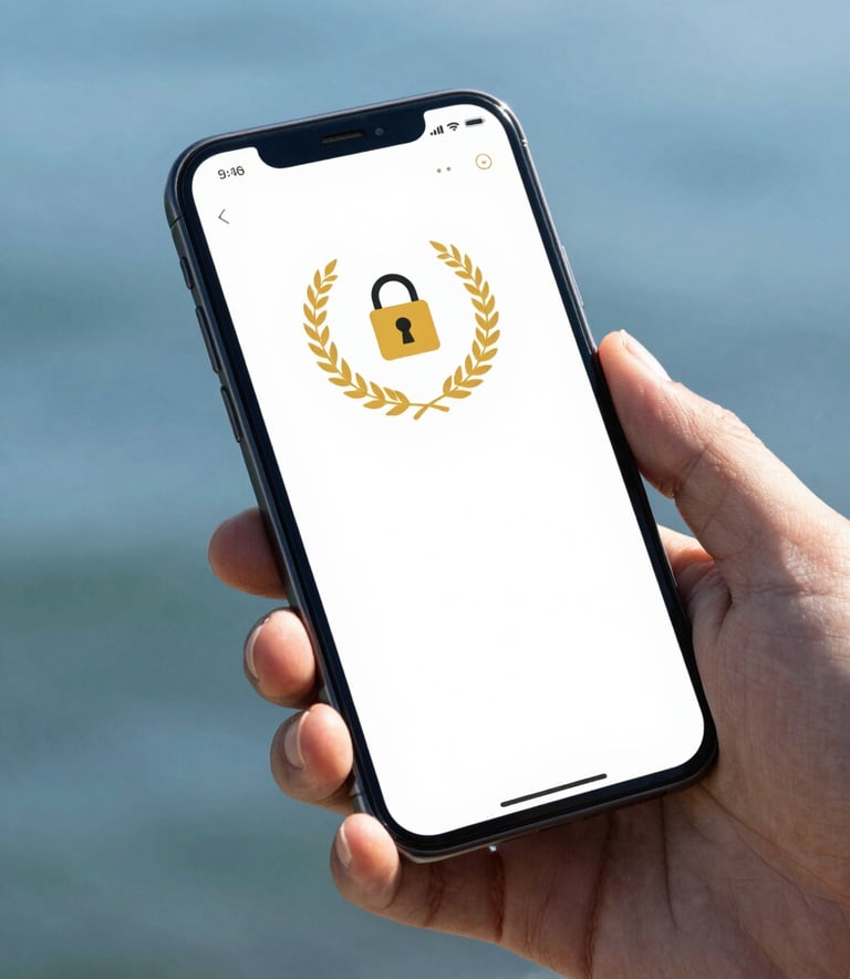 A close-up photograph of a modern smartphone screen displaying a security app interface, held by professional hands against an ocean blue background. The lighting is clean and bright.