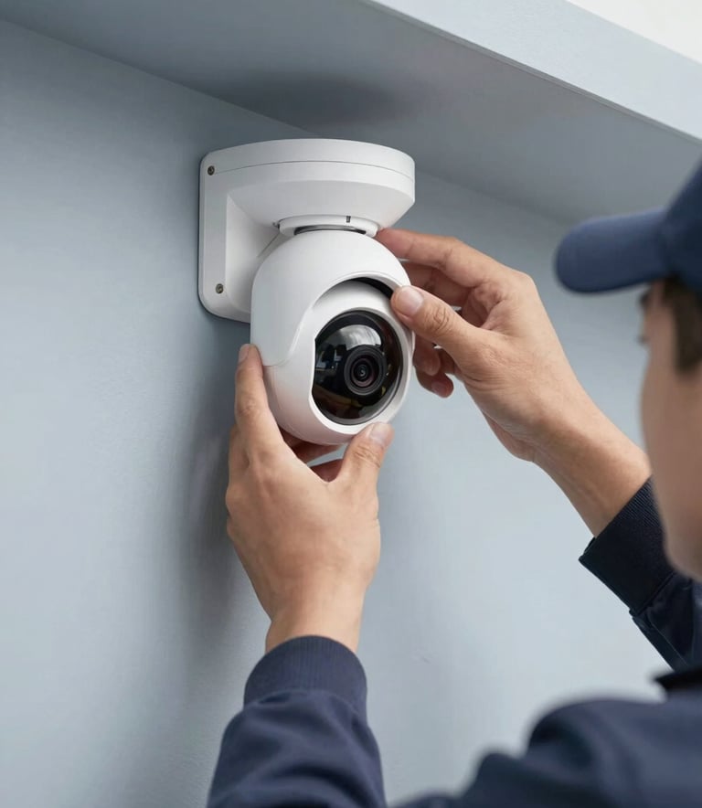 A close-up shot of a professional installer's hands mounting a white smart security camera onto a clean exterior wall. The lighting is crisp daylight, highlighting the muted blue-grey tones of the equipment and wall.