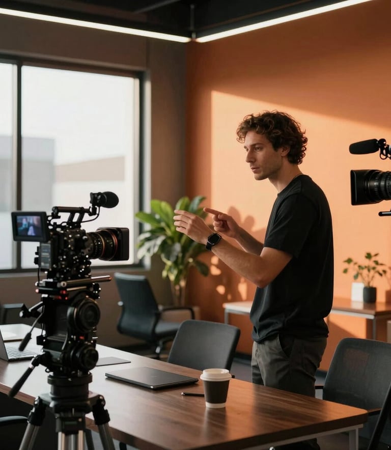 Behind-the-scenes photography of a marketing video shoot in a sunny professional office in the South of the US. High-end camera gear is visible while Dani directs a scene, incorporating Deep Sunset Orange and Matte Charcoal Black elements in the decor. Professional and cinematic lighting.