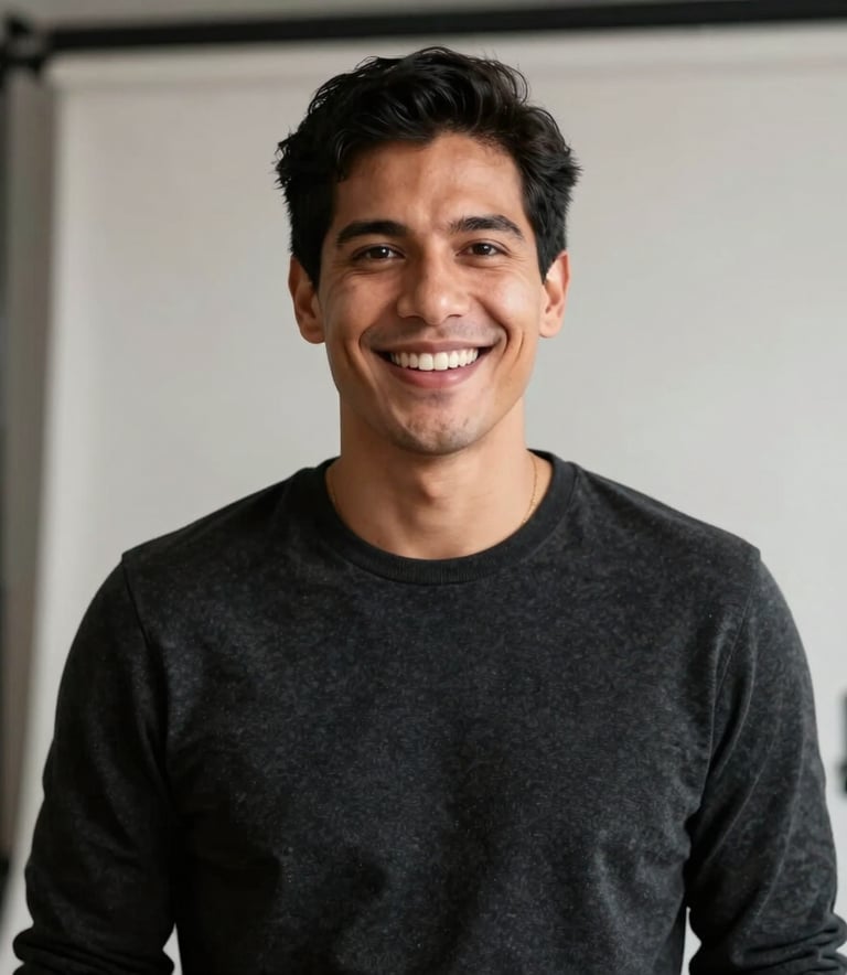 Professional portrait of Dani in a modern studio environment, speaking directly to camera with an engaging smile. Style is clean and authentic, using a palette of Matte Charcoal Black and Crisp Off-White. Latinoamérica / EE.UU. context.