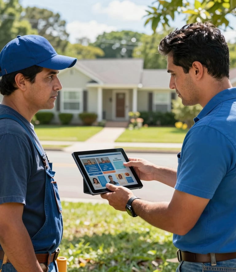 A candid outdoor scene in a residential neighborhood in the Southern USA. A professional man is showing a tablet with a marketing campaign to a contractor in work gear. Bright, natural daylight and vibrant colors. Latinoamérica / EE.UU.