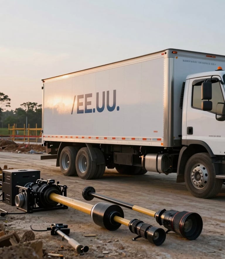 A high-action shot of a construction site in the Southern USA at dawn. Professional tools and a clean truck with subtle branding are visible. The atmosphere is industrious and high-end. Latinoamérica / EE.UU.