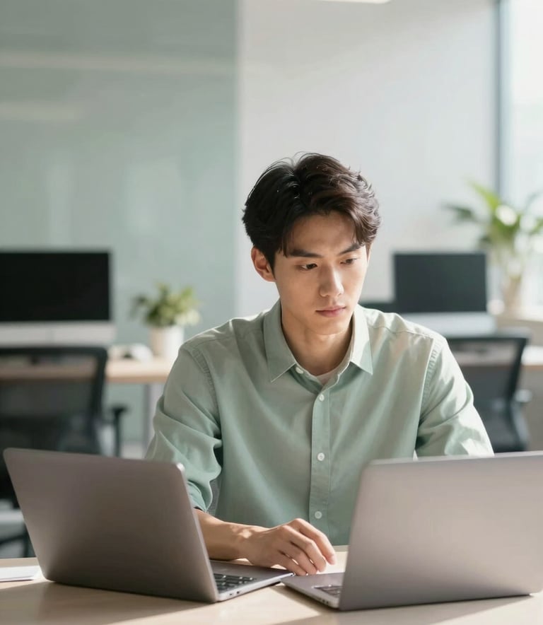 A focused professional in a sunlit office using a laptop, with a blurred background of a modern workspace featuring Muted Sage and Arctic White color accents. Clean and airy composition.