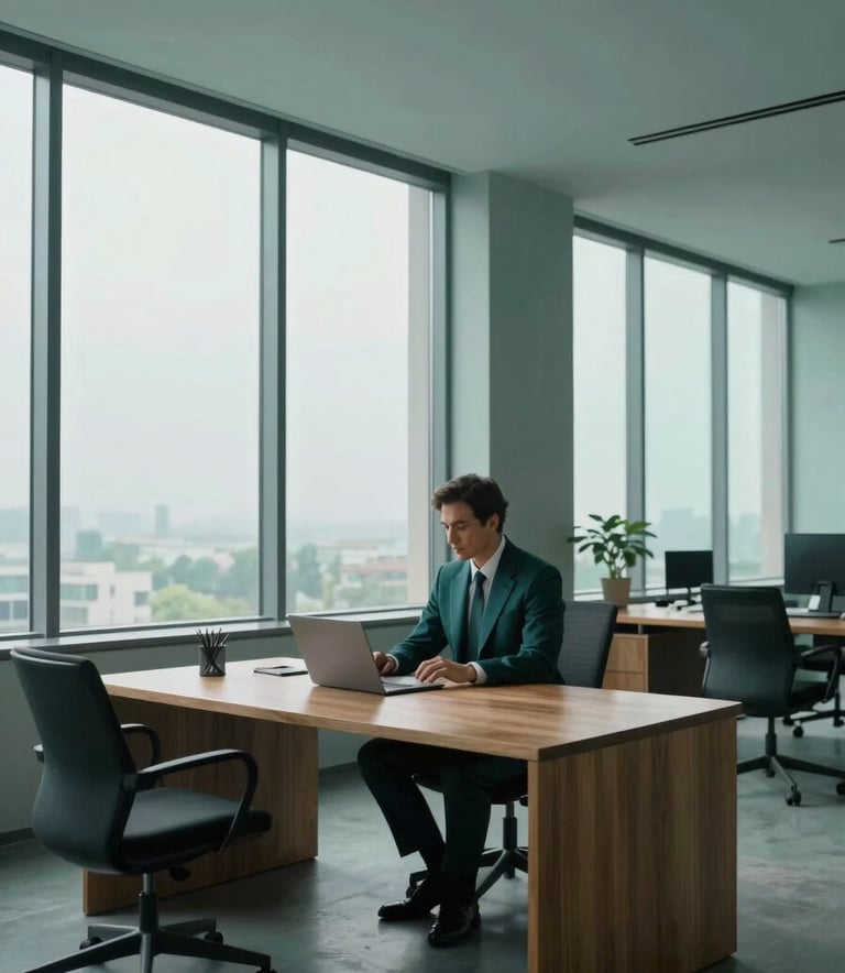 A wide-angle shot of a modern, minimalist office with large windows. A professional in a dark forest teal suit is working at a clean wooden desk. The atmosphere is sophisticated and calm, with slate teal and misty seafoam tones in the decor.