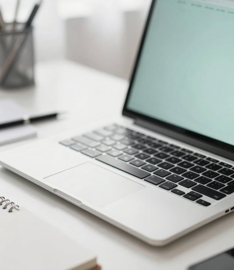A close-up photograph of a professional workspace with a sleek laptop on a desk. The lighting is bright and natural, reflecting a clean and organized environment. The color palette features misty seafoam and soft cloud white accents, emphasizing efficiency and clarity.