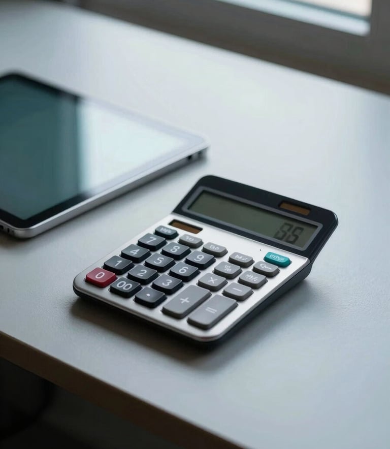 A sleek, modern desk setup with a minimalist calculator and a digital tablet, reflecting soft Pale Duck Egg Blue light from a nearby window.