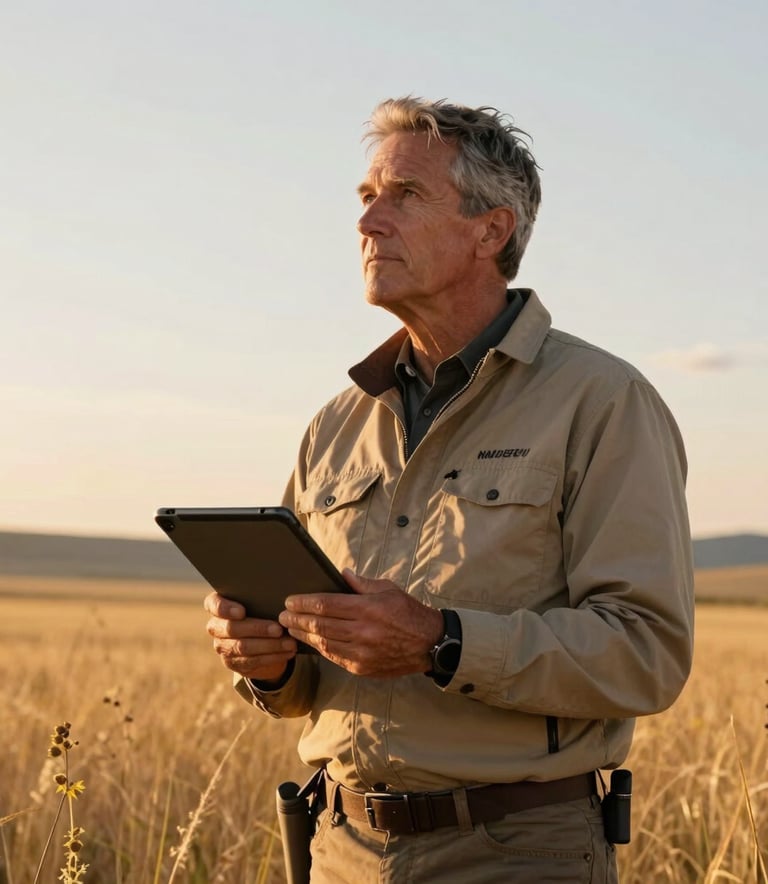 A professional portrait of a land expert in the North American / US West, wearing rugged but professional outdoor clothing, standing in a golden field. They are holding a tablet and surveying the horizon with a serious, expert expression. Warm sunset lighting.