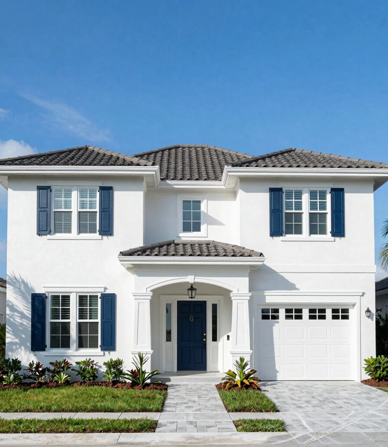 A wide-angle shot of a beautifully finished two-story residential home in Sarasota, Florida. The exterior is painted in a crisp white with dark blue accents on the shutters and door. Professional landscaping, bright blue sky, North American / Florida, US architecture.