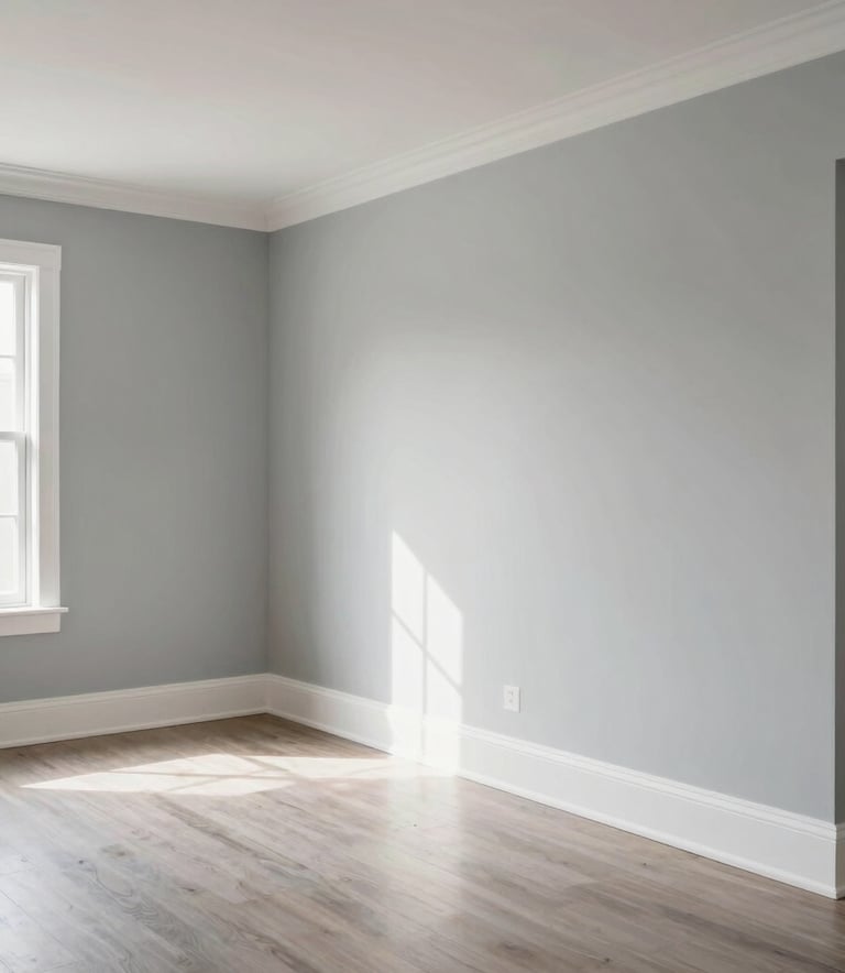 A spacious and bright home interior in Venice, Florida. The walls are newly painted in a contemporary soft gray with clean white trim, reflecting high-quality craftsmanship under bright natural light.