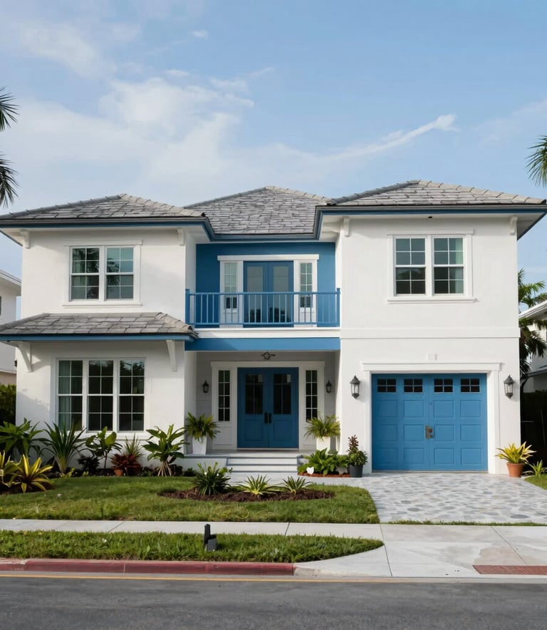 A wide shot of a stunning coastal residence in Bradenton, Florida, with a freshly painted exterior in white and medium blue. Modern architecture with lush landscaping.