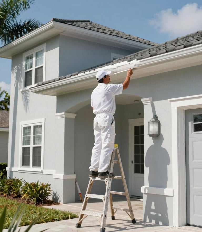 A professional painter wearing a white uniform and a cap, standing on a ladder while carefully painting the eaves of a bright light gray Florida home. Sunny day, Sarasota neighborhood, North American / Florida, US style architecture with palm trees.