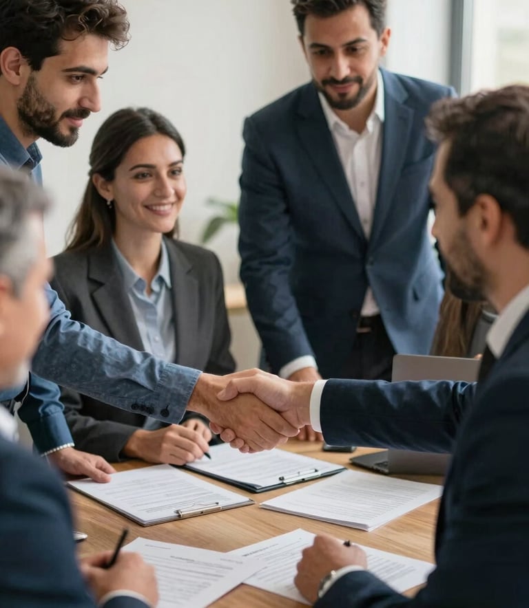 Professional photography of a diverse group of people in a Turkish / North American business setting, discussing documents over a table. Warm natural lighting, focus on a handshake, slate blue and navy blue accents in their attire.