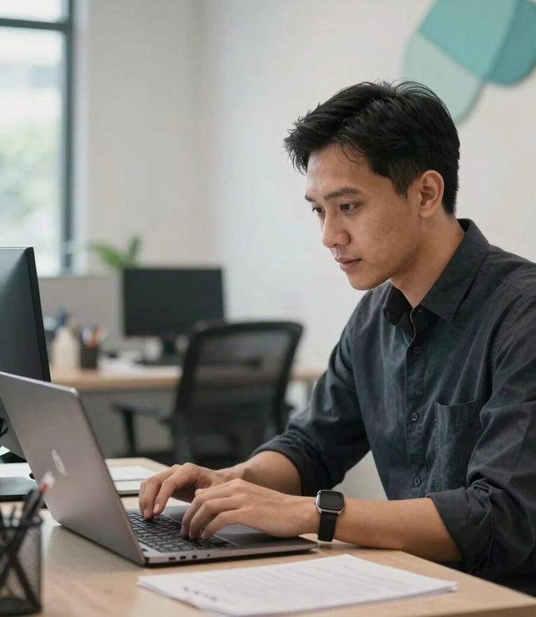 A modern workspace in Jakarta with a professional Southeast Asian man looking at a laptop screen. The environment is efficient and clean, with soft natural light and subtle teal decorative elements in the background.
