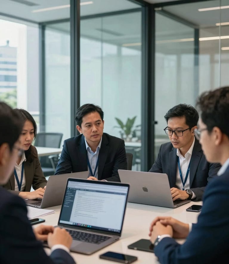 A group of Southeast Asian / Indonesian digital marketing experts in a collaborative meeting inside a modern, glass-walled office in Jakarta. The scene features natural lighting and professional attire, with a laptop open on a table showing faint reflections of light blue and dark blue color tones.