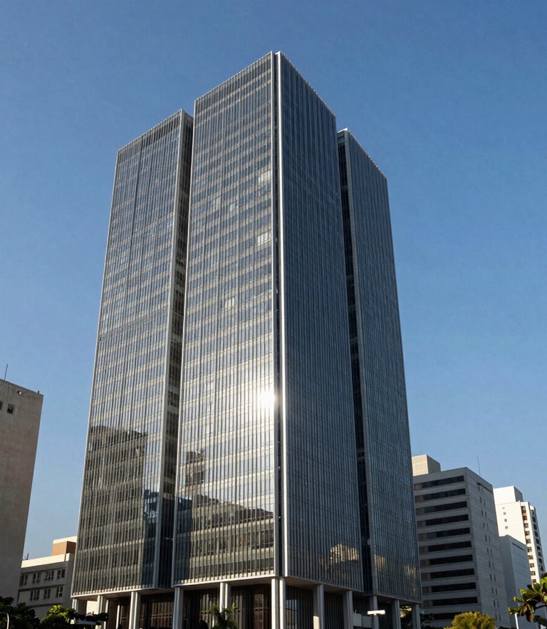Architectural photography of a contemporary office building in a prestigious Brazilian financial district, clear blue sky, professional and reliable aesthetic.