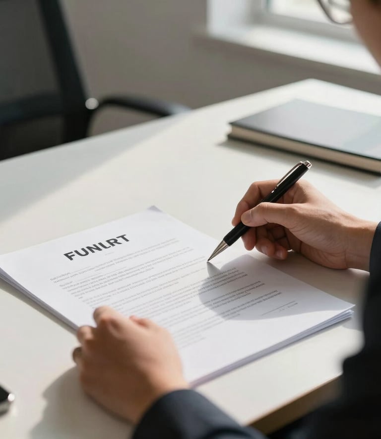 Close-up of a professional real estate contract being reviewed on a clean desk, natural morning light, South American office setting, focused and serious atmosphere.