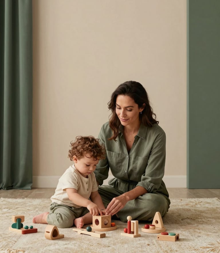 A premium lifestyle photograph of a professional mother in a soft beige room, sitting on a high-quality rug and watching her toddler play with wooden toys. The aesthetic is minimal, warm, and sophisticated with deep sage green accents in the home decor.