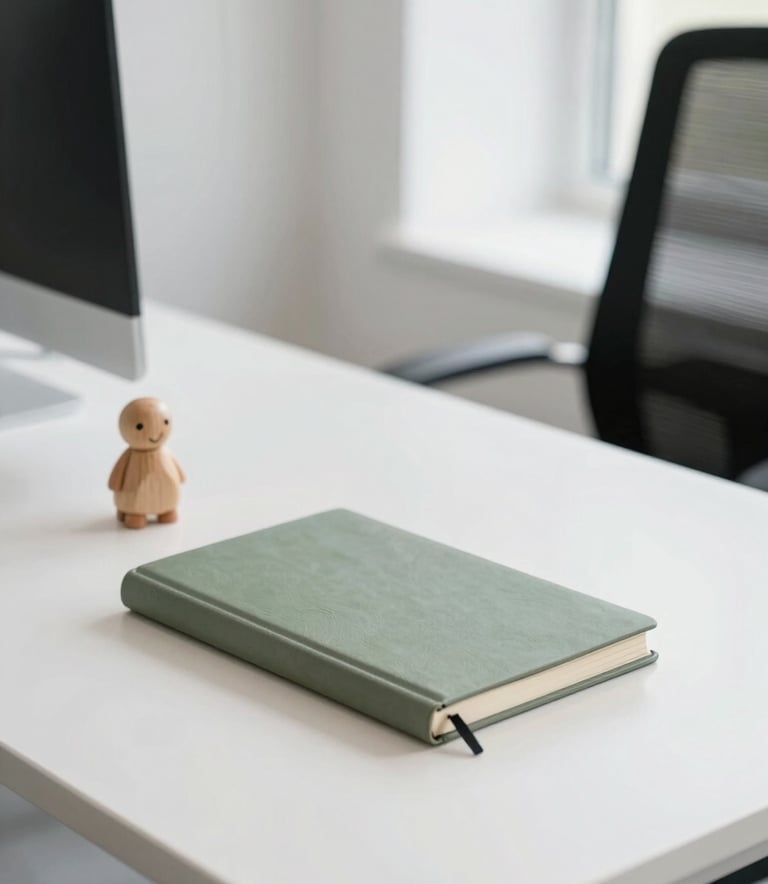 A bright, professional office space in Dubai with a minimal luxury design. A clean white desk holds a sage green notebook and a small wooden child's toy. The lighting is natural and airy, conveying a sense of calm and trustworthiness.