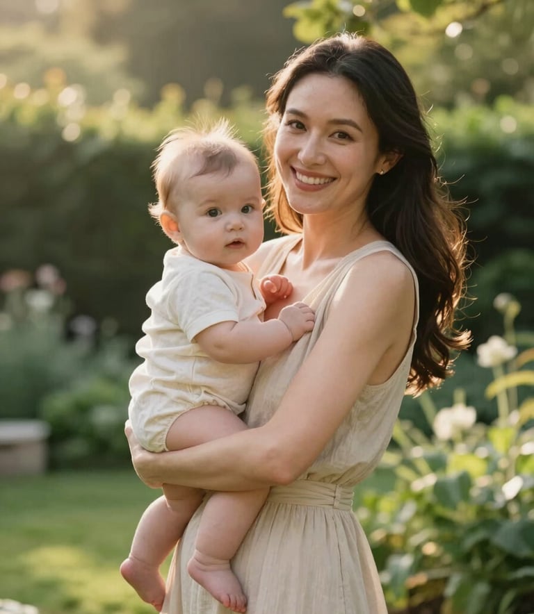 A candid, warm portrait of a smiling mother in a soft beige dress holding her infant. They are outdoors in a lush, green garden in the UK, with soft morning sunlight filtering through the trees. Professional, high-end photography style.