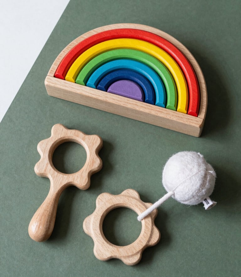 A flat-lay photograph of curated children's developmental toys, including a wooden rainbow stacker and a soft cotton rattle, arranged neatly on a deep sage green surface with white accent elements. Clean, modern aesthetic.