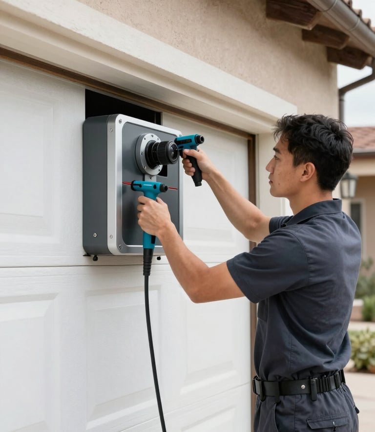 Professional photography of a technician performing maintenance on a residential garage door system in a North American / New Mexican home. Bright, clear daylight, clean Slate and Silver color tones, showing expert craftsmanship and modern tools.