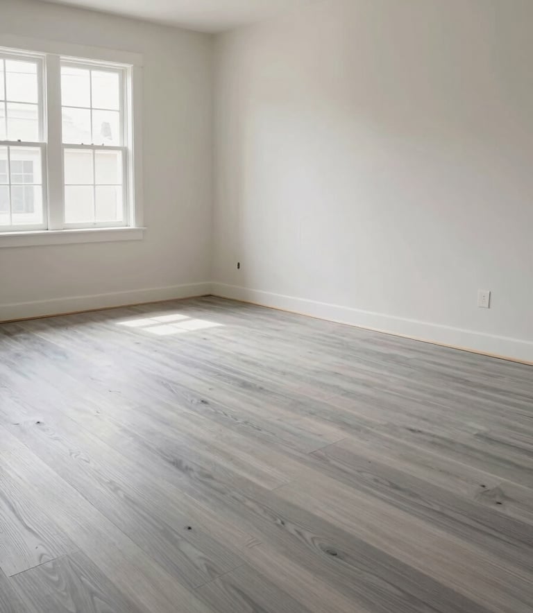 Modern interior of a renovated North American / New Mexican living room, showing professional painting and floor remodeling. Soft natural light, high-end finish, Silver and Off-White palette, emphasizing a clean and reliable transformation.