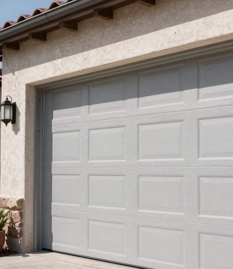 A close-up photograph of a modern, clean garage door installation on a North American New Mexican style house, featuring sleek silver hardware and smooth finishes under clear bright daylight.