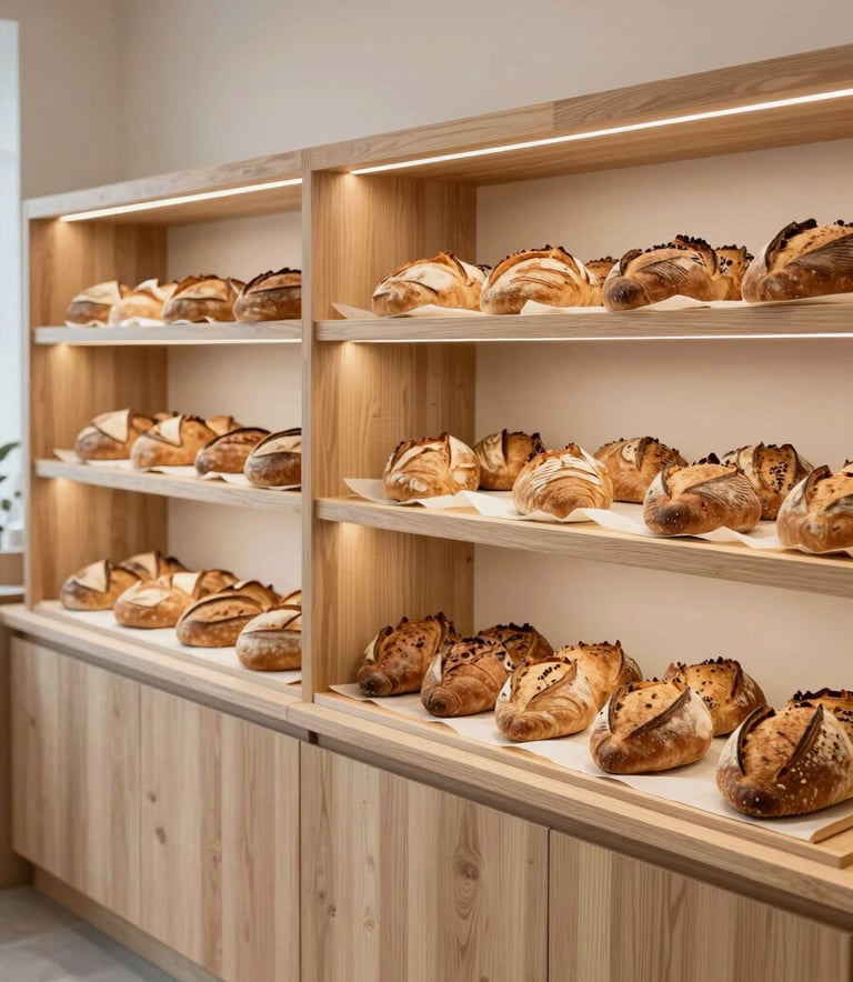 A wide-angle interior shot of a cozy North American artisanal bakery. Scandinavian design elements with light wood furniture and minimalist shelving. Freshly baked loaves of sourdough bread are displayed on Crisp Parchment paper. The atmosphere is warm and inviting.