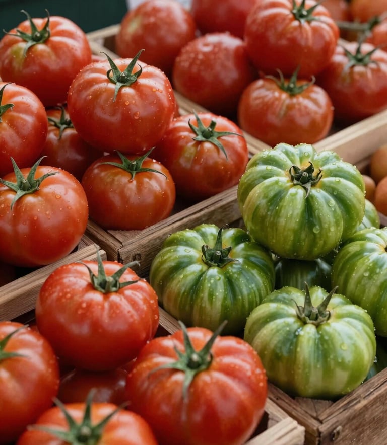 A detailed close-up of a North American farmer's market stall. Ripe heirloom tomatoes in Deep Ripe Crimson and Matte Forest Green produce are arranged in rustic wooden crates. Professional lighting emphasizes the organic textures and fresh quality.
