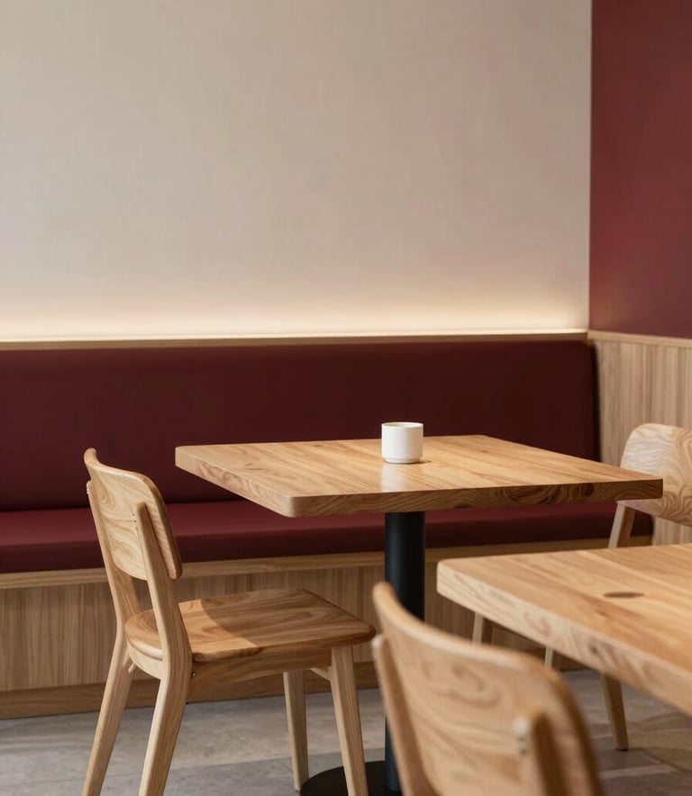 A cozy, Scandinavian-style interior of a modern North American / US restaurant, featuring clean lines, light wood furniture, and soft natural lighting. Minimalist Crisp Parchment and Deep Ripe Crimson accents create a sophisticated atmosphere.